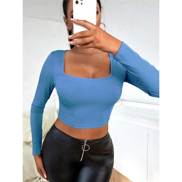 

Square Neck Crop Ribbed Tee, Blue
