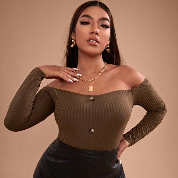 

Plus Off Shoulder Button Front Rib-knit Tee, Coffee brown
