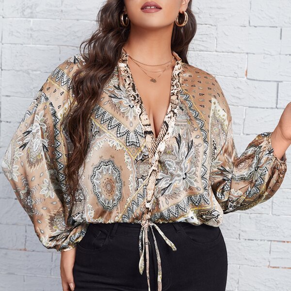 

Plus Snakeskin & Floral Print Lantern Sleeve Blouse, Multicolor