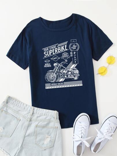Motorcycle & Japanese Letter Graphic Tee
