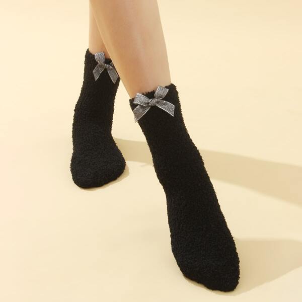 

Bow Decor Fuzzy Crew Socks, Black