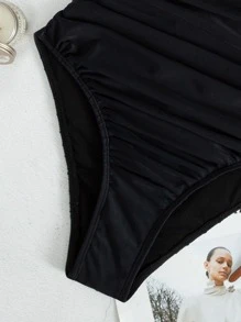 Swim Vcay Summer Beach Ruched Lace Up One Piece Swimsuit - Black - View 3