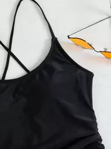 Swim Vcay Summer Beach Ruched Lace Up One Piece Swimsuit - Black - View 4