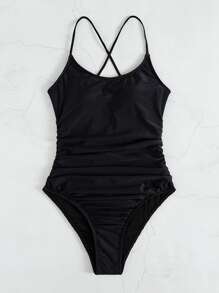 Swim Vcay Summer Beach Ruched Lace Up One Piece Swimsuit - Black - View 5