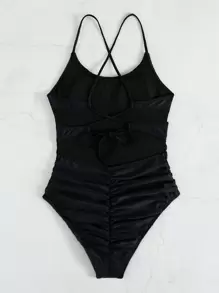 Swim Vcay Summer Beach Ruched Lace Up One Piece Swimsuit - Black - View 6