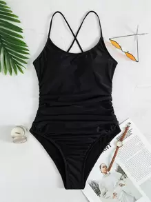 Swim Vcay Summer Beach Ruched Lace Up One Piece Swimsuit - Black - View 7