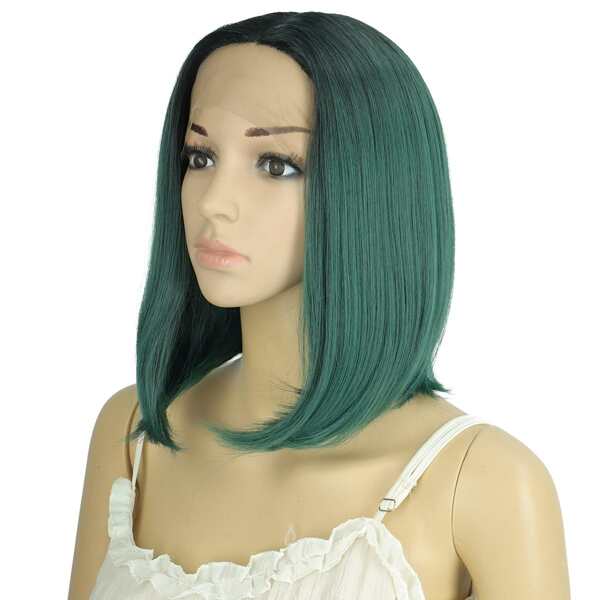 

13*2 Lace Front Short Straight Synthetic Wig, Dark green