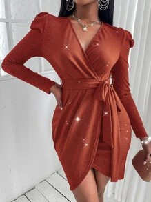 SHEIN Unity Women Dresses Berikat Membungkus Plain Glamor - Burnt Orange - View 4