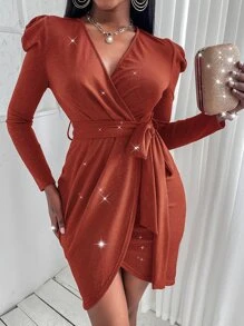 SHEIN Unity Women Dresses Berikat Membungkus Plain Glamor - Burnt Orange - View 5