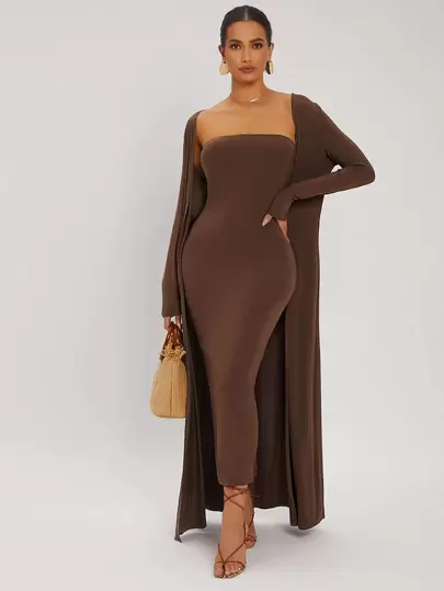 SHEIN SXY Split Fåll Tube Bodycon Klänning & öppen frontkappa