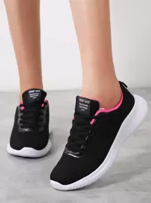極簡前綁帶針織跑鞋,女士黑色休閒運動鞋 - 黑色 - 查看 3
