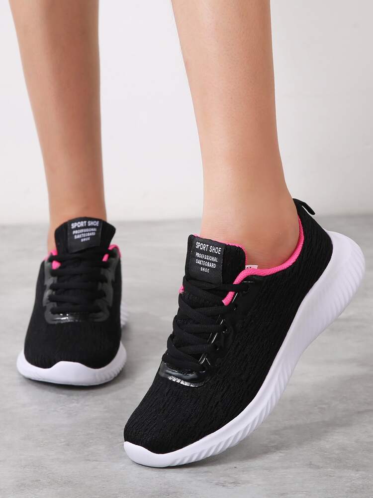 極簡前綁帶針織跑鞋,女士黑色休閒運動鞋 - 黑色 - 查看 3