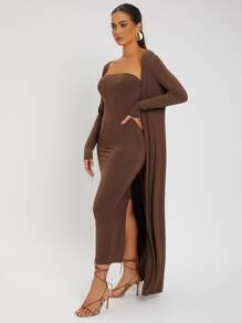 SHEIN SXY 下擺開叉抹胸緊身連衣裙和開門襟外套 - 咖啡棕 - 查看 5