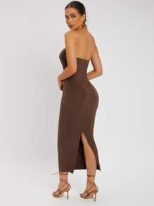 SHEIN SXY 下擺開叉抹胸緊身連衣裙和開門襟外套 - 咖啡棕 - 查看 6