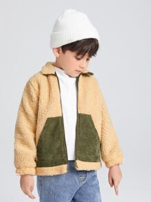 SHEIN Toddler Boys Zip Up Contrast Panel Teddy Jacket - Khaki - View 1