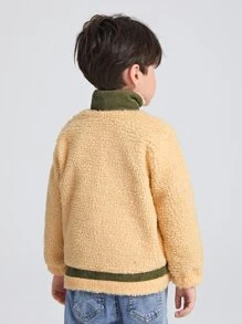 SHEIN Toddler Boys Zip Up Contrast Panel Teddy Jacket - Khaki - View 2