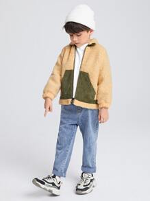 SHEIN Toddler Boys Zip Up Contrast Panel Teddy Jacket - Khaki - View 3