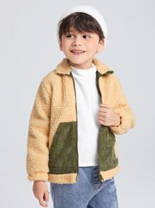 SHEIN Toddler Boys Zip Up Contrast Panel Teddy Jacket - Khaki - View 4