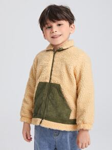 SHEIN Toddler Boys Zip Up Contrast Panel Teddy Jacket - Khaki - View 5