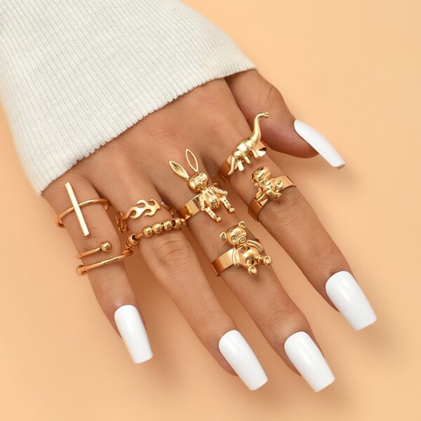 

8pcs Rabbit & Bear Decor Ring, Gold