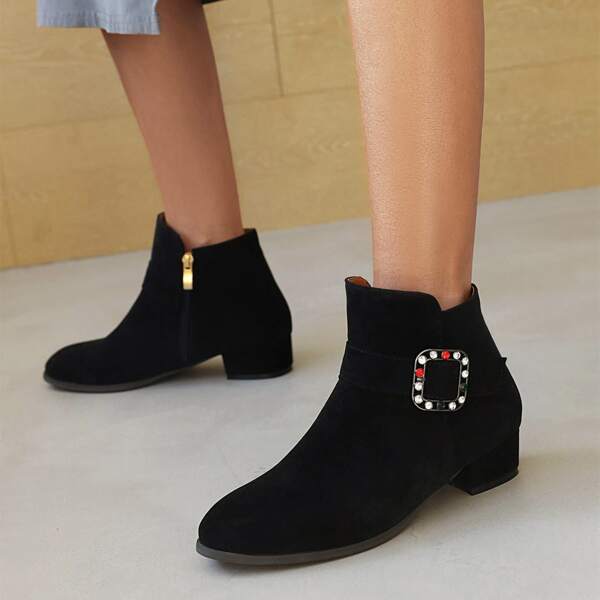 

Rhinestone Decor Side Zipper Fashion Boots, Black