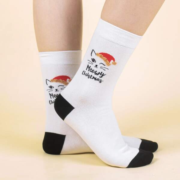 

Christmas Cat Print Crew Socks, White