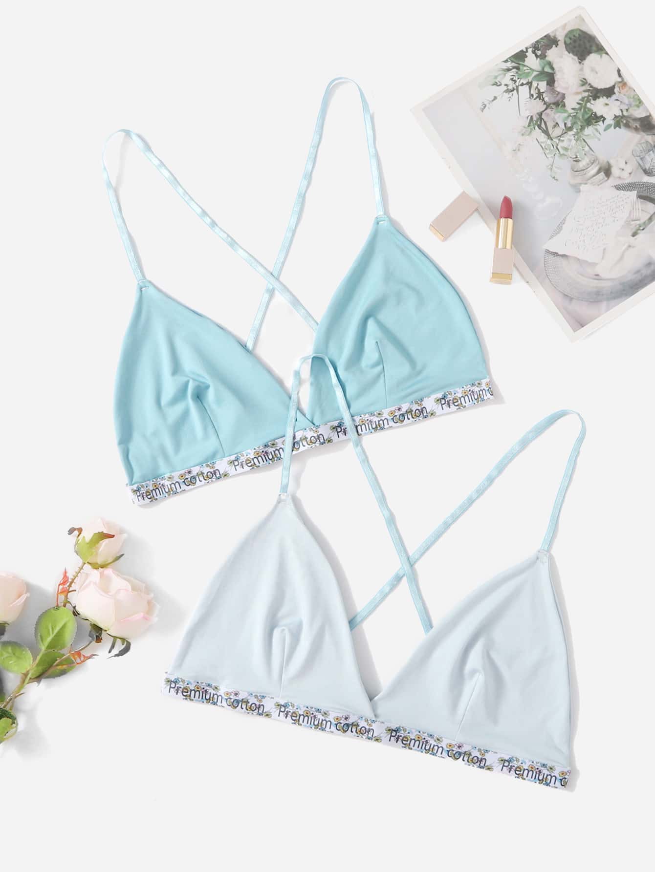 2 paquetes Sujetador triangular de talla grande con cinta con letras - Multicolor - Ver 1