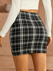 SHEIN Privé 格纹印花铅笔裙 - 黑與白 - 查看 2