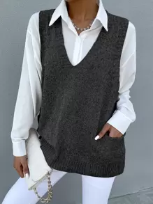 SHEIN LUNE Chaleco de punto tejido jaspeado con doble bolsillo sin camisa - Gris Oscuro - Ver 1