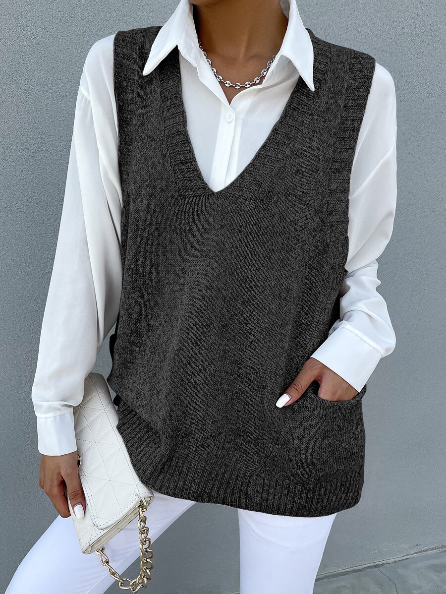 SHEIN LUNE Chaleco de punto tejido jaspeado con doble bolsillo sin camisa - Gris Oscuro - Ver 1