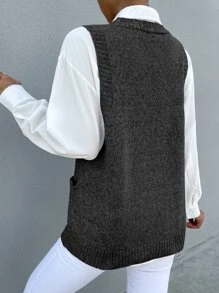 SHEIN LUNE Chaleco de punto tejido jaspeado con doble bolsillo sin camisa - Gris Oscuro - Ver 2