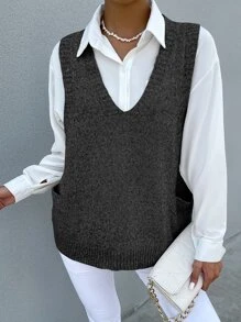 SHEIN LUNE Chaleco de punto tejido jaspeado con doble bolsillo sin camisa - Gris Oscuro - Ver 3