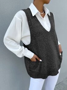 SHEIN LUNE Chaleco de punto tejido jaspeado con doble bolsillo sin camisa - Gris Oscuro - Ver 4