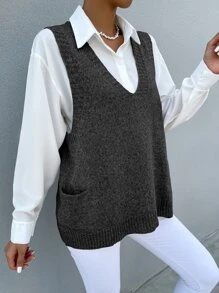 SHEIN LUNE Chaleco de punto tejido jaspeado con doble bolsillo sin camisa - Gris Oscuro - Ver 5