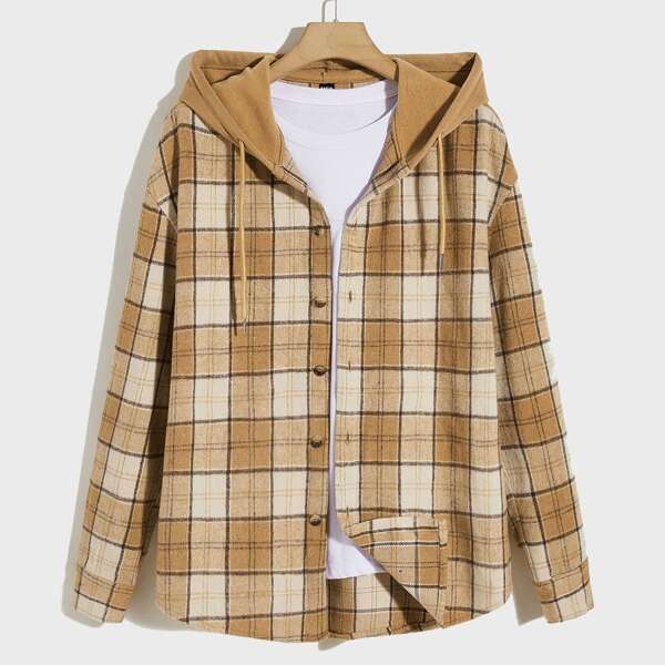 

Men Plaid Drop Shoulder Drawstring Hooded Overcoat Without Tee, Multicolor