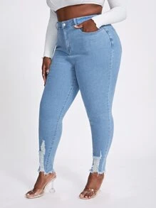 SHEIN SXY Quần Denim kích thước lớn Nút Túi Bị tách Dây kéo màu trơn - Rửa nhẹ - Xem 1