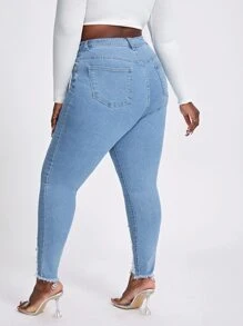 SHEIN SXY Quần Denim kích thước lớn Nút Túi Bị tách Dây kéo màu trơn - Rửa nhẹ - Xem 2