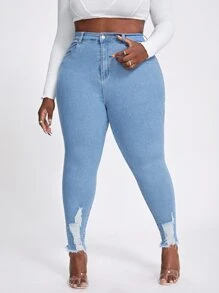 SHEIN SXY Quần Denim kích thước lớn Nút Túi Bị tách Dây kéo màu trơn - Rửa nhẹ - Xem 3