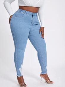 SHEIN SXY Quần Denim kích thước lớn Nút Túi Bị tách Dây kéo màu trơn - Rửa nhẹ - Xem 4