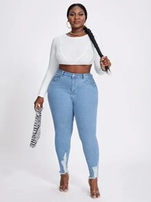 SHEIN SXY Quần Denim kích thước lớn Nút Túi Bị tách Dây kéo màu trơn - Rửa nhẹ - Xem 5