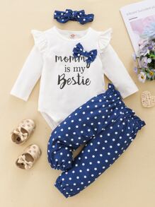 Baby Polka Dot Slogan Graphic Bow Bodysuit & Paperbag Waist Pants & Headband - Blue and White - View 1