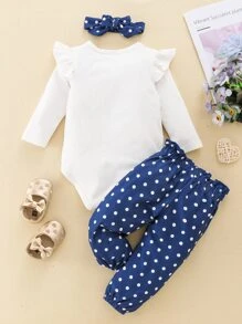 Baby Polka Dot Slogan Graphic Bow Bodysuit & Paperbag Waist Pants & Headband - Blue and White - View 2