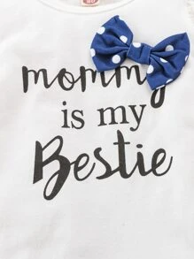 Baby Polka Dot Slogan Graphic Bow Bodysuit & Paperbag Waist Pants & Headband - Blue and White - View 4