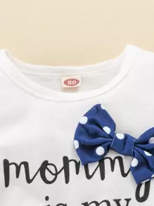Baby Polka Dot Slogan Graphic Bow Bodysuit & Paperbag Waist Pants & Headband - Blue and White - View 5
