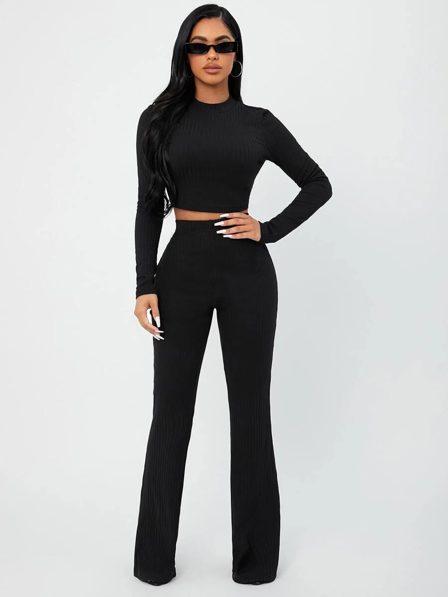 SHEIN SXY Solid Crop Tee & High Waist Trousers Set - Black - View 1