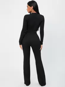 SHEIN SXY Solid Crop Tee & High Waist Trousers Set - Black - View 2