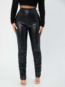 SHEIN SXY High Waist Stacked PU Leather Pants - Black - View 3