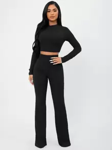 SHEIN SXY Solid Crop Tee & High Waist Trousers Set - Black - View 5