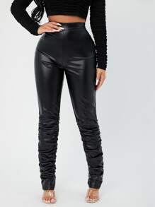 SHEIN SXY High Waist Stacked PU Leather Pants - Black - View 4