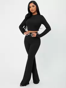 SHEIN SXY Solid Crop Tee & High Waist Trousers Set - Black - View 6